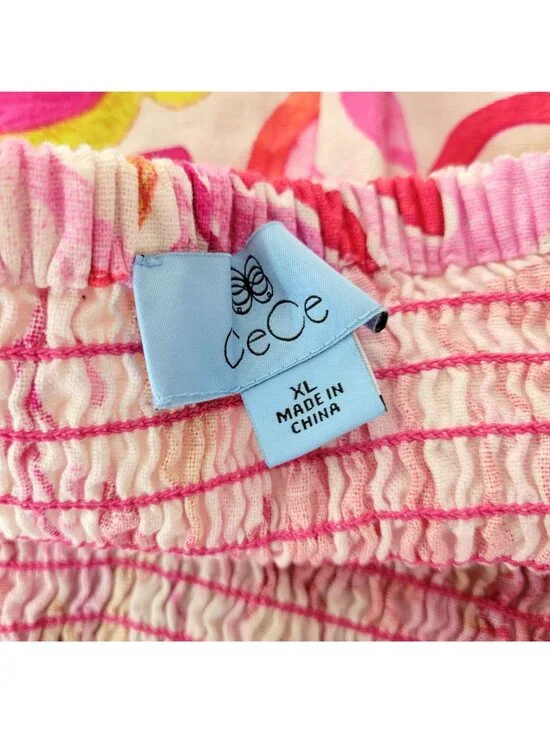 Cece Women's XL Floral Smocked Waist Wide Leg Pants Linen Blend Pink Multicolor - Picture 3 of 6